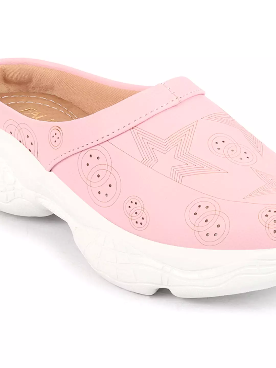 Women Pink Laser Cut Star Design Back Open Slip-On Mules Shoes