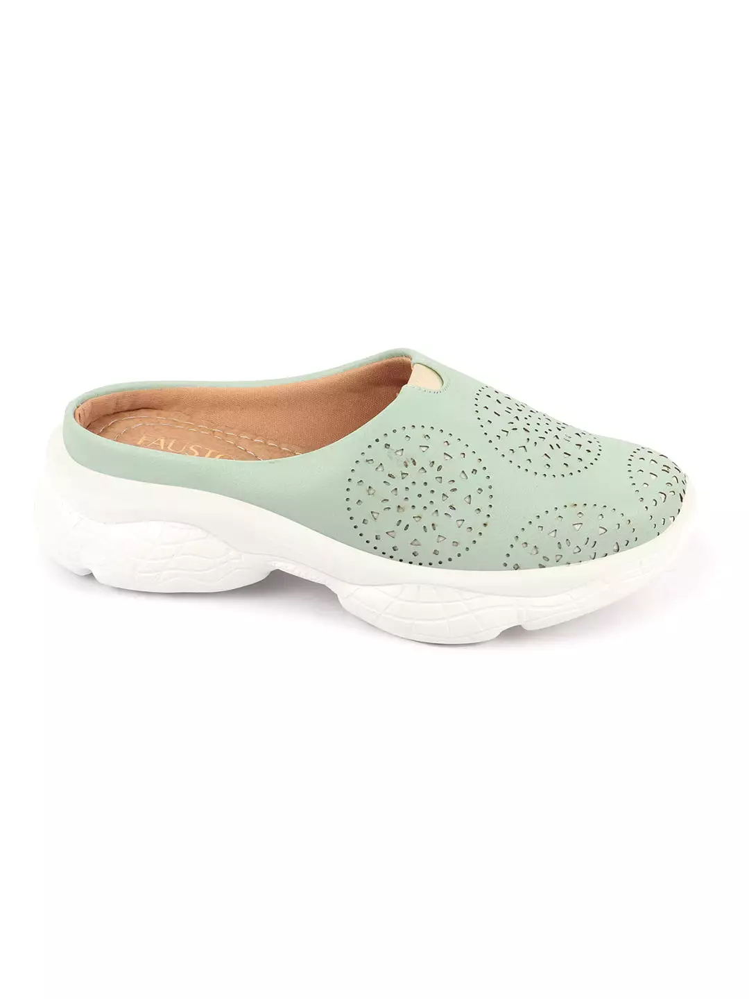 Women Pista Green Laser Cut Design Back Open Slip On Mules Shoes