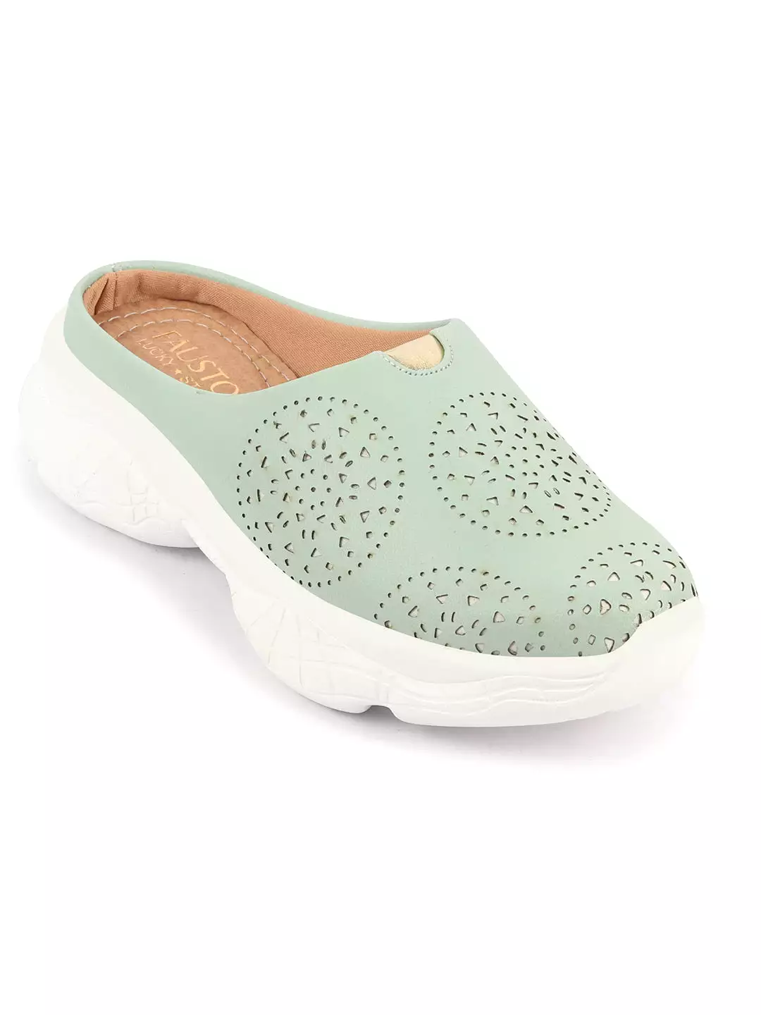 Women Pista Green Laser Cut Design Back Open Slip On Mules Shoes