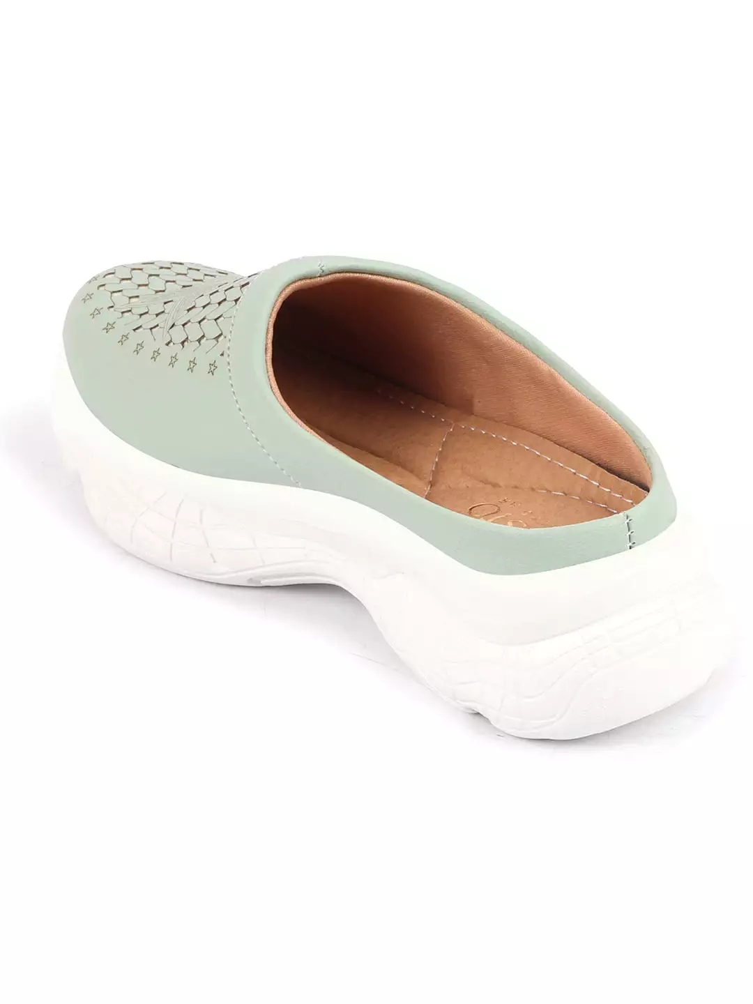 Women Pista Green Laser Cut Design Stitched Back Open Slip-On Mules Shoes