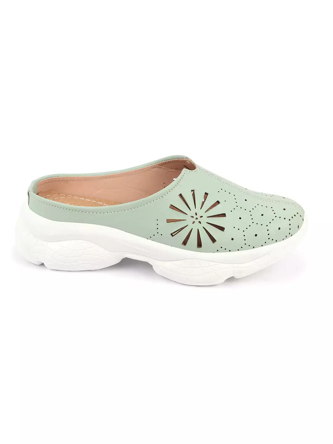 Women Pista Green Laser Cut Design Stitched Breathable Back Open Slip On Mules Shoes