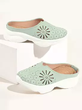 Women Pista Green Laser Cut Design Stitched Breathable Back Open Slip On Mules Shoes