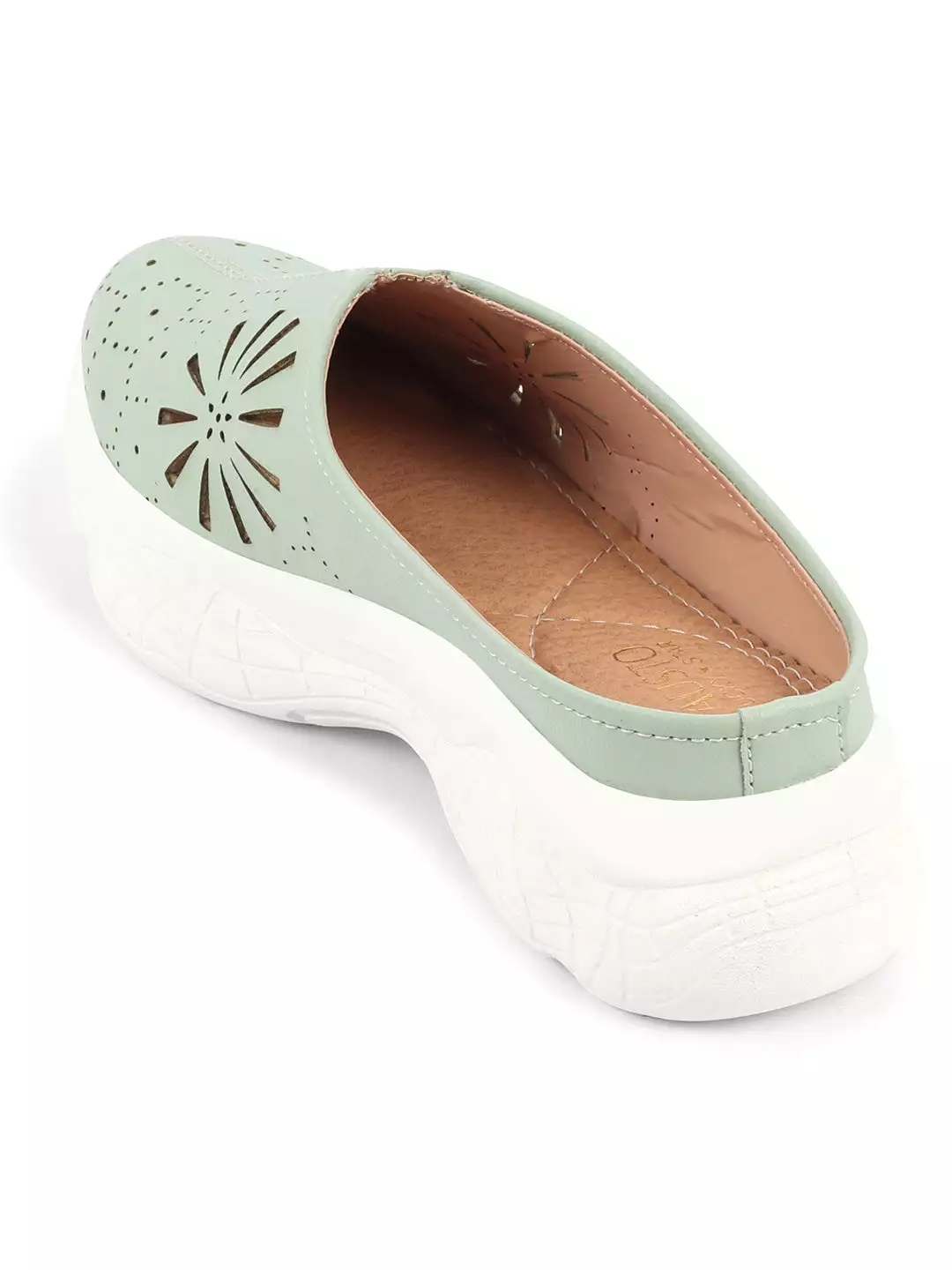 Women Pista Green Laser Cut Design Stitched Breathable Back Open Slip On Mules Shoes