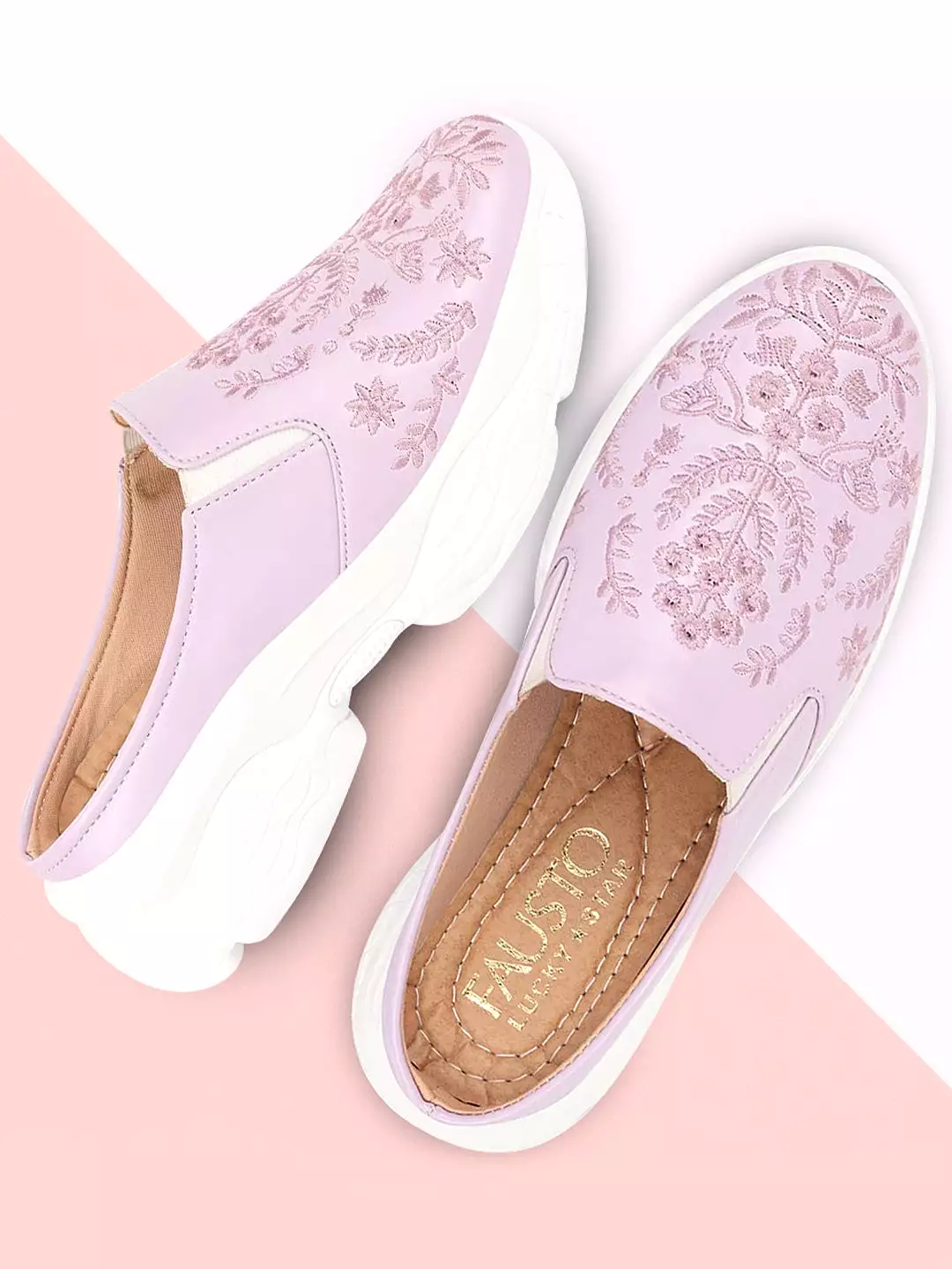 Women Purple Floral Print Embroidery Design Back Open Slip On Mules Shoes