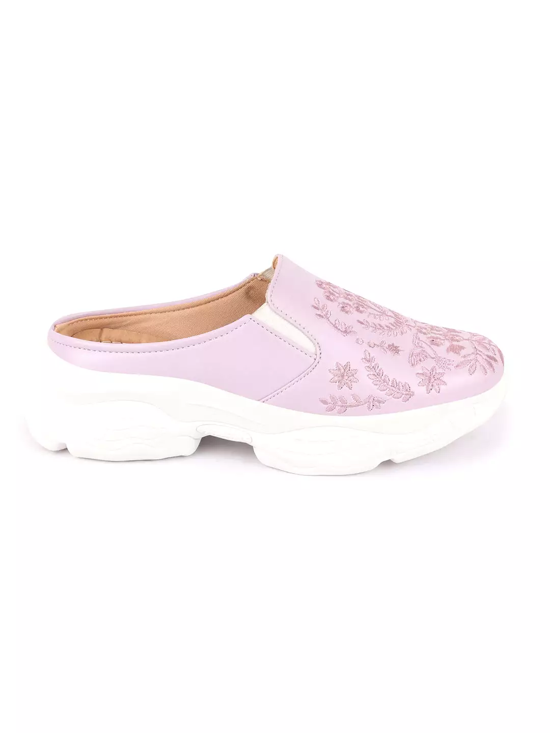 Women Purple Floral Print Embroidery Design Back Open Slip On Mules Shoes