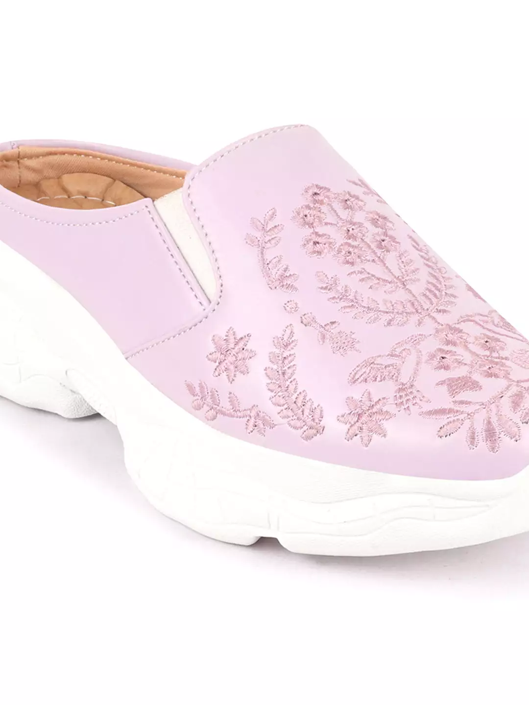 Women Purple Floral Print Embroidery Design Back Open Slip On Mules Shoes