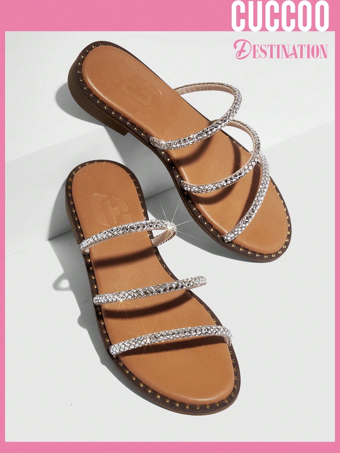 Women Rhinestone Decor Multi Strap Flat Sandals, Glamorous Slide Sandals