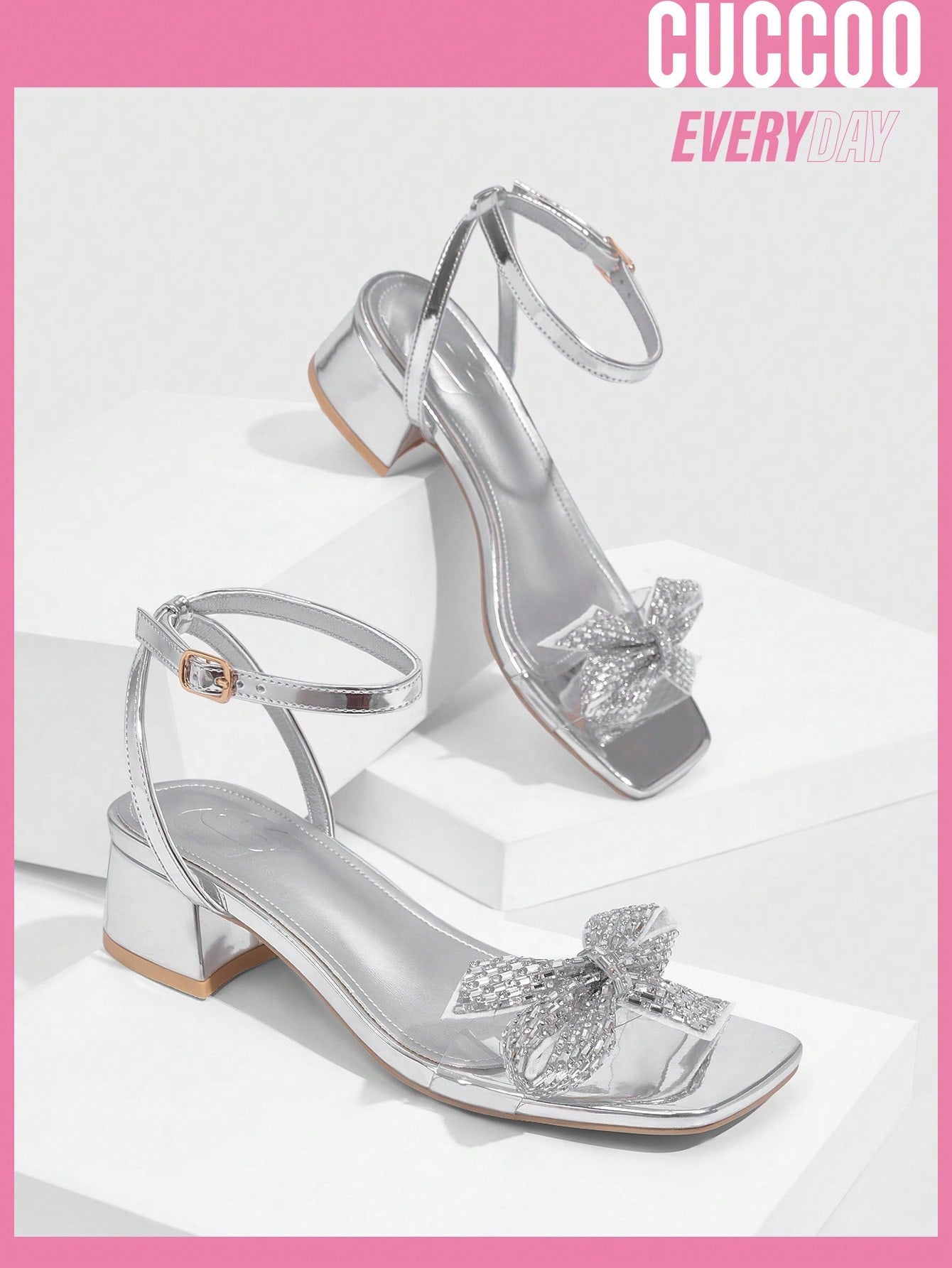 Women Shoes - Fashionable Silver Tpu Ankle Strap Sandals With Rhinestone & Transparent Flower Design, Low Heels For Spring And S