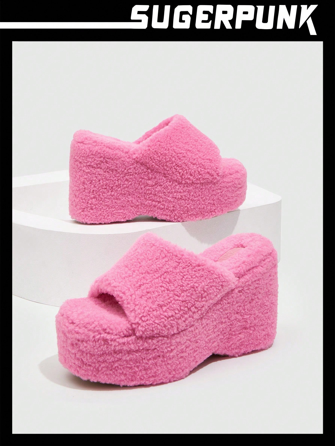 Women Shoes Valentine Days Day Neon-Pink Fuzzy Wedge Slide Outdoor Sandals