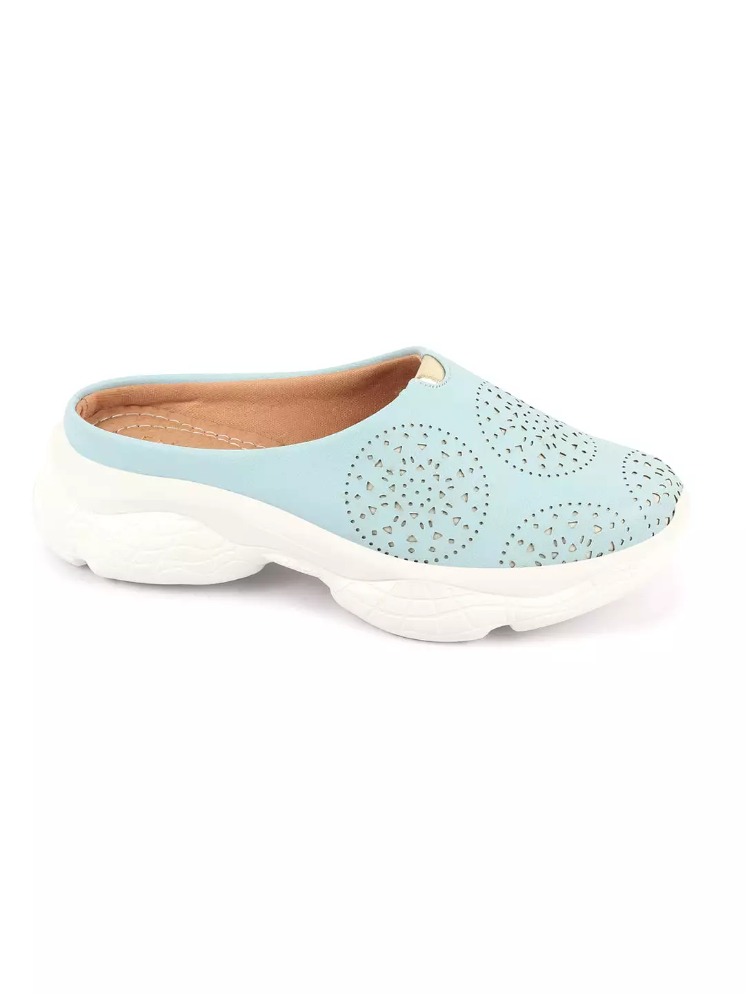 Women Sky Blue Laser Cut Design Back Open Slip On Mules Shoes