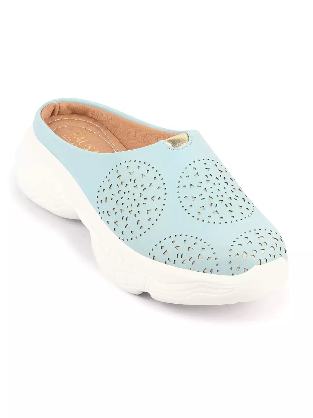 Women Sky Blue Laser Cut Design Back Open Slip On Mules Shoes