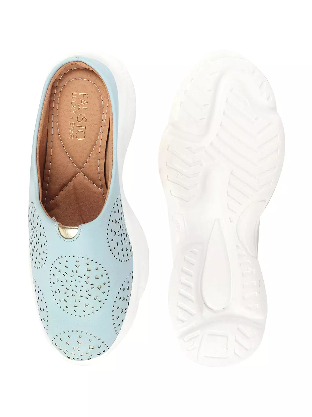 Women Sky Blue Laser Cut Design Back Open Slip On Mules Shoes