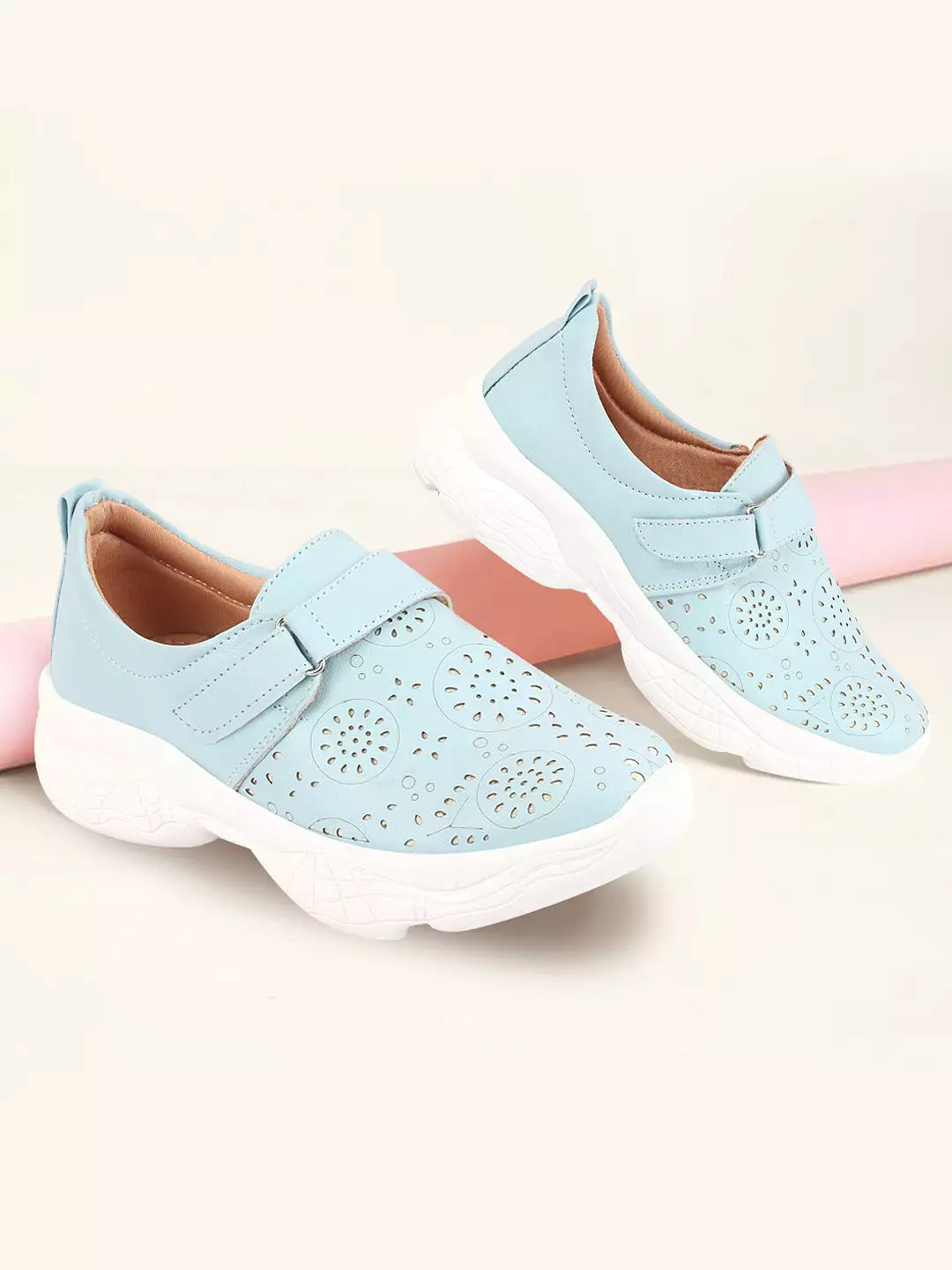 Women Sky Blue Laser Cut Design Stitched Back Open Hook & Loop Buckle Mules Shoes