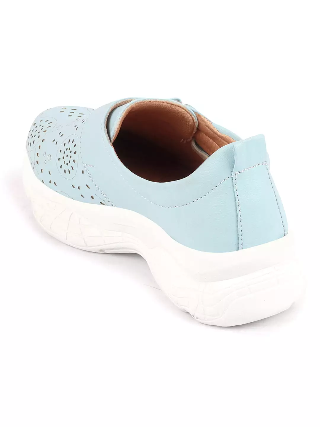 Women Sky Blue Laser Cut Design Stitched Back Open Hook & Loop Buckle Mules Shoes