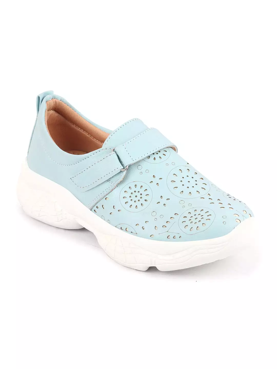 Women Sky Blue Laser Cut Design Stitched Back Open Hook & Loop Buckle Mules Shoes