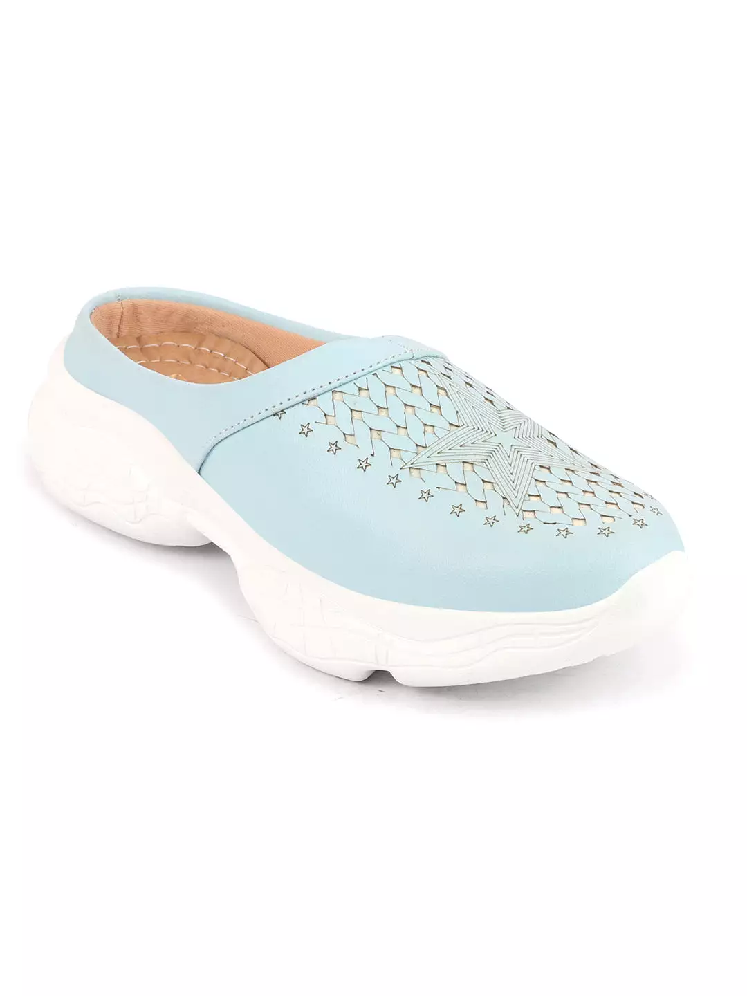 Women Sky Blue Laser Cut Design Stitched Back Open Slip-On Mules Shoes