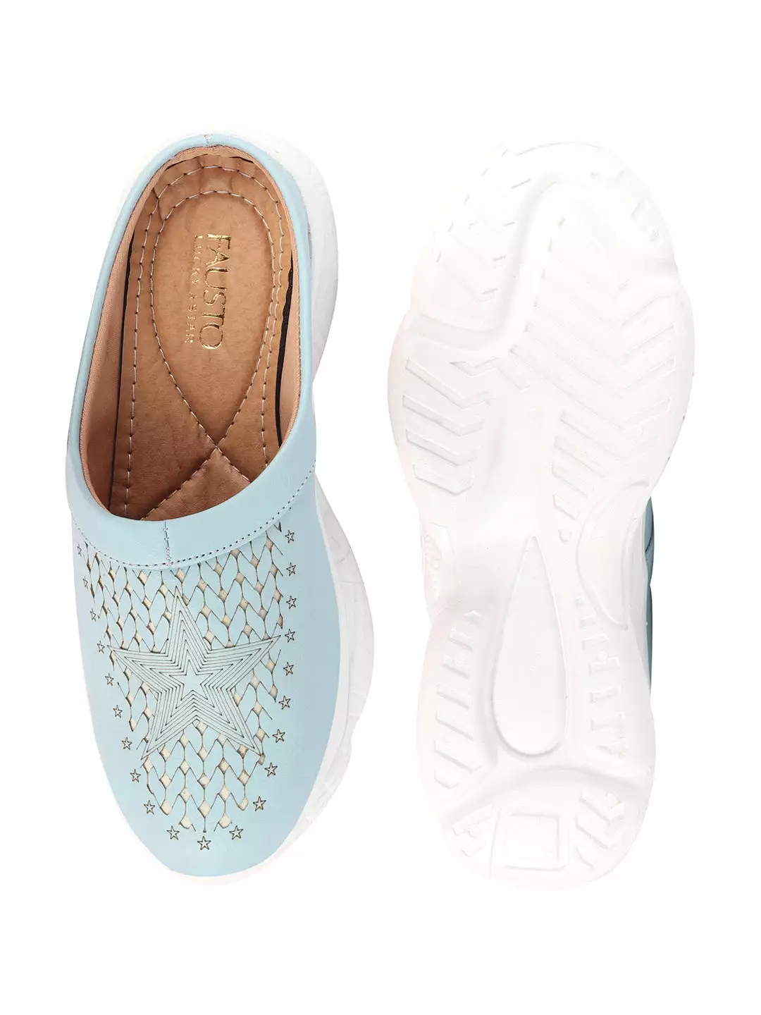 Women Sky Blue Laser Cut Design Stitched Back Open Slip-On Mules Shoes