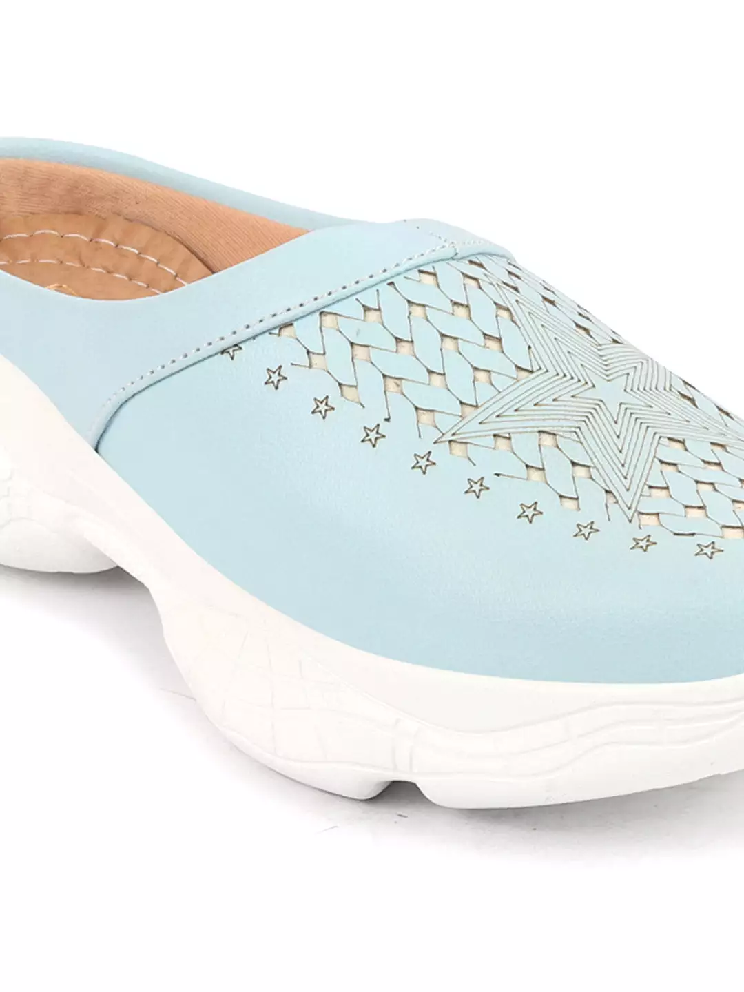 Women Sky Blue Laser Cut Design Stitched Back Open Slip-On Mules Shoes