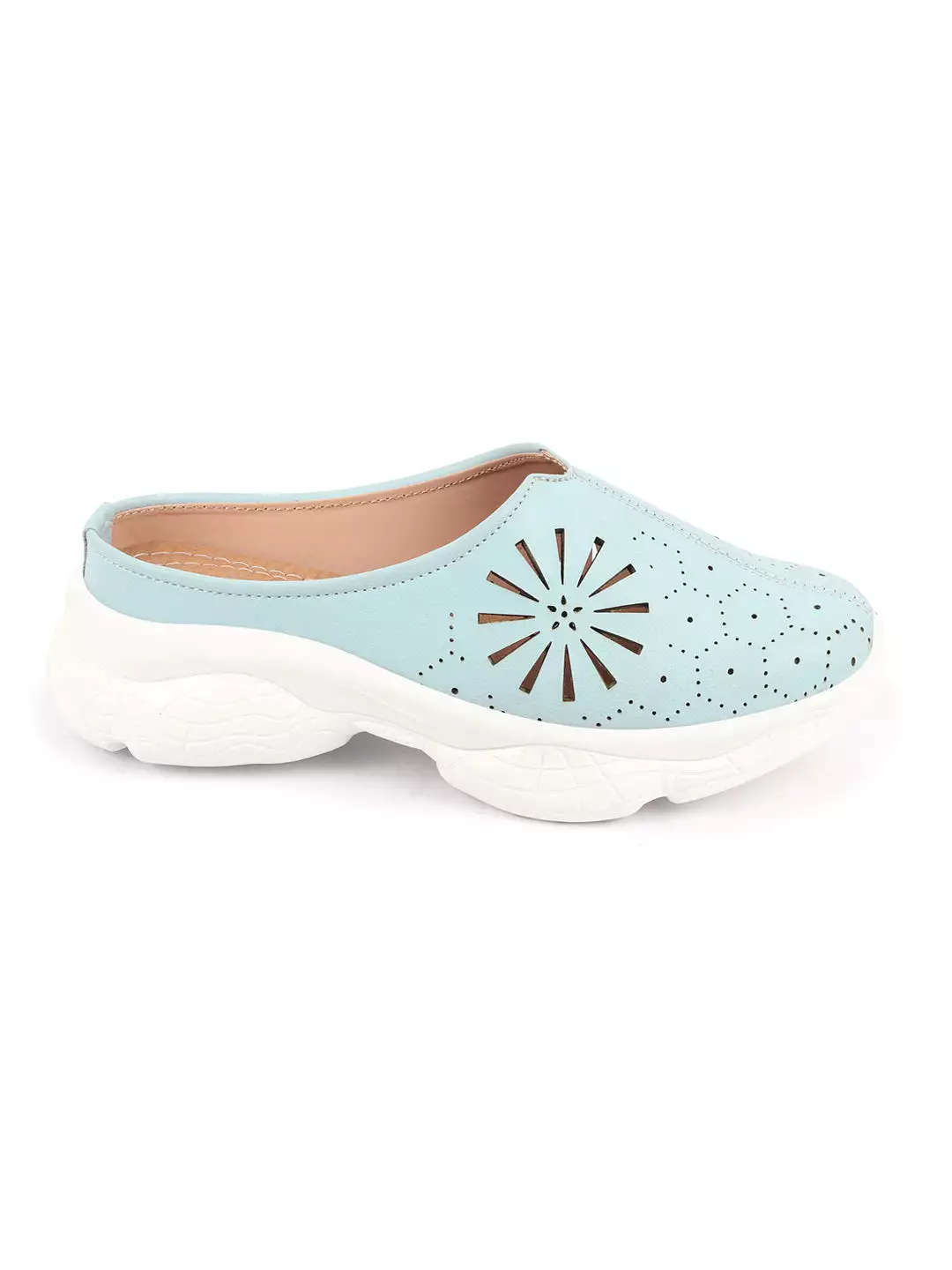 Women Sky Blue Laser Cut Design Stitched Breathable Back Open Slip On Mules Shoes