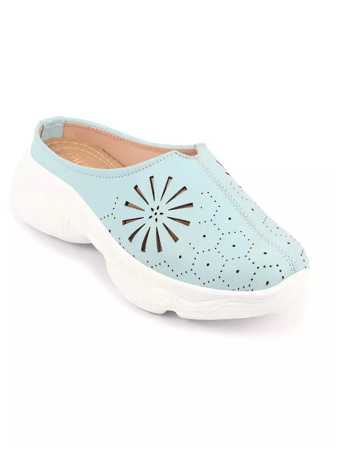 Women Sky Blue Laser Cut Design Stitched Breathable Back Open Slip On Mules Shoes