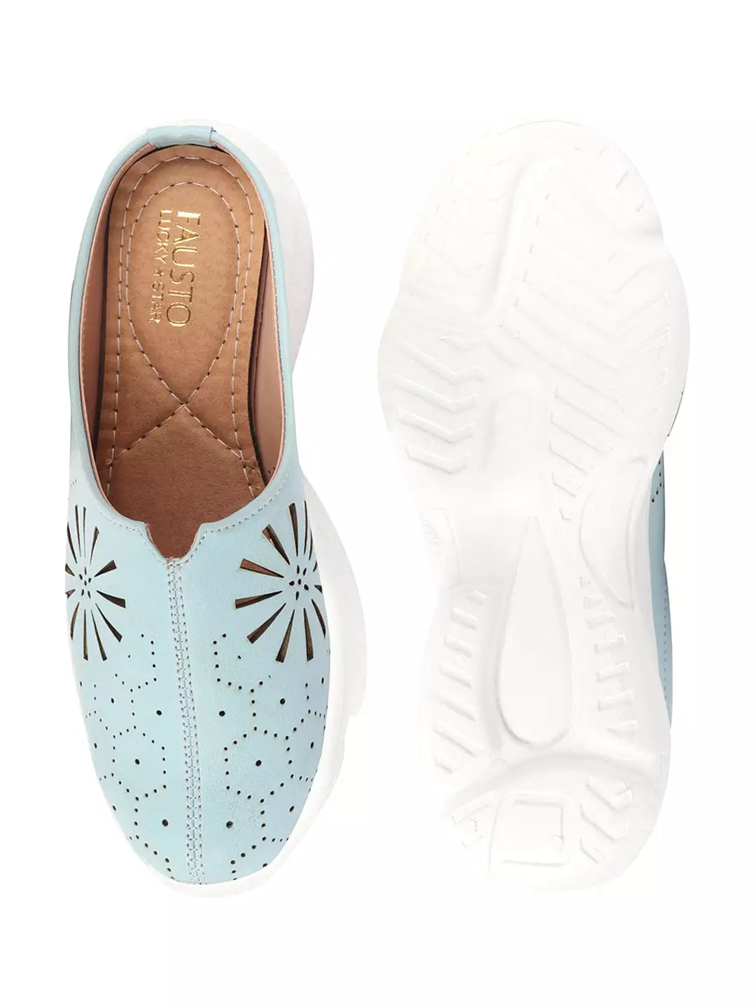 Women Sky Blue Laser Cut Design Stitched Breathable Back Open Slip On Mules Shoes