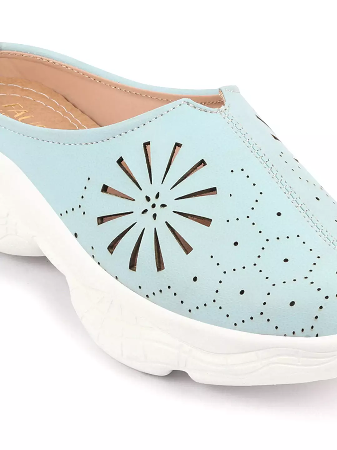 Women Sky Blue Laser Cut Design Stitched Breathable Back Open Slip On Mules Shoes