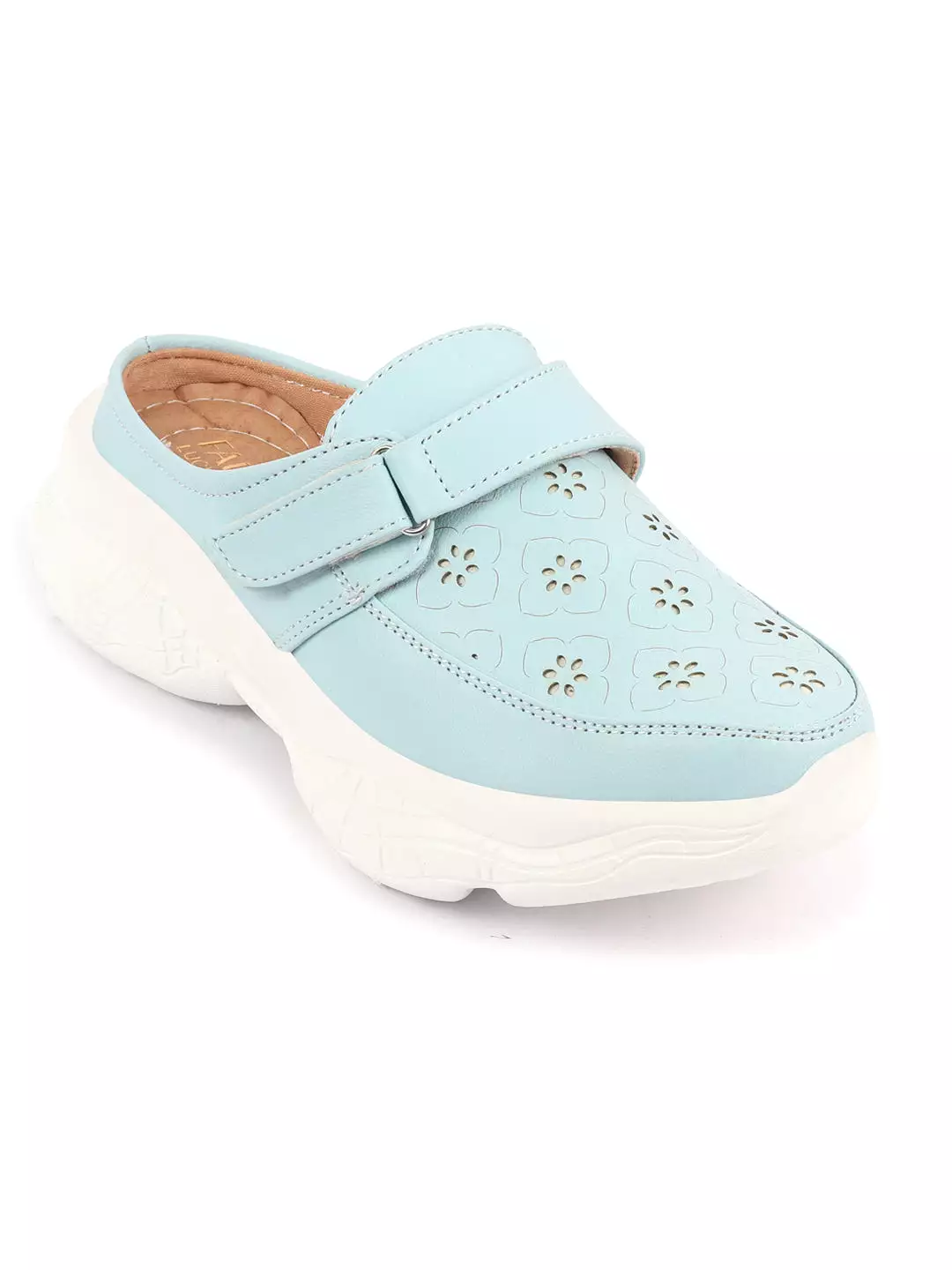 Women Sky Blue Laser Cut Floral Design Hook and Loop Back Open Slip On Mules Shoes