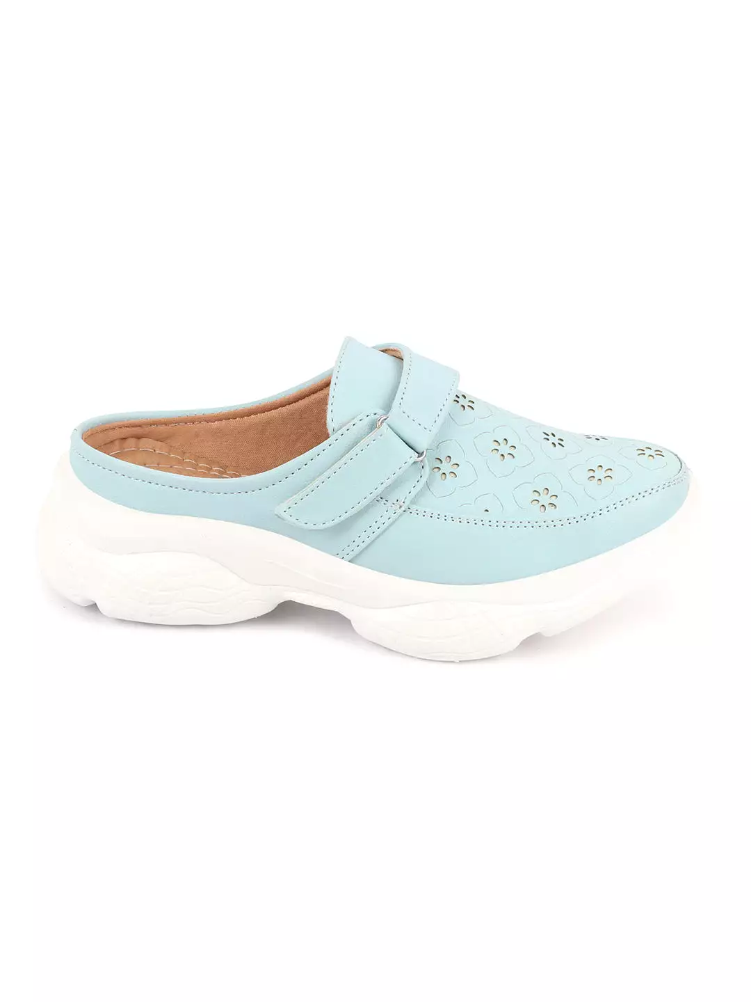 Women Sky Blue Laser Cut Floral Design Hook and Loop Back Open Slip On Mules Shoes