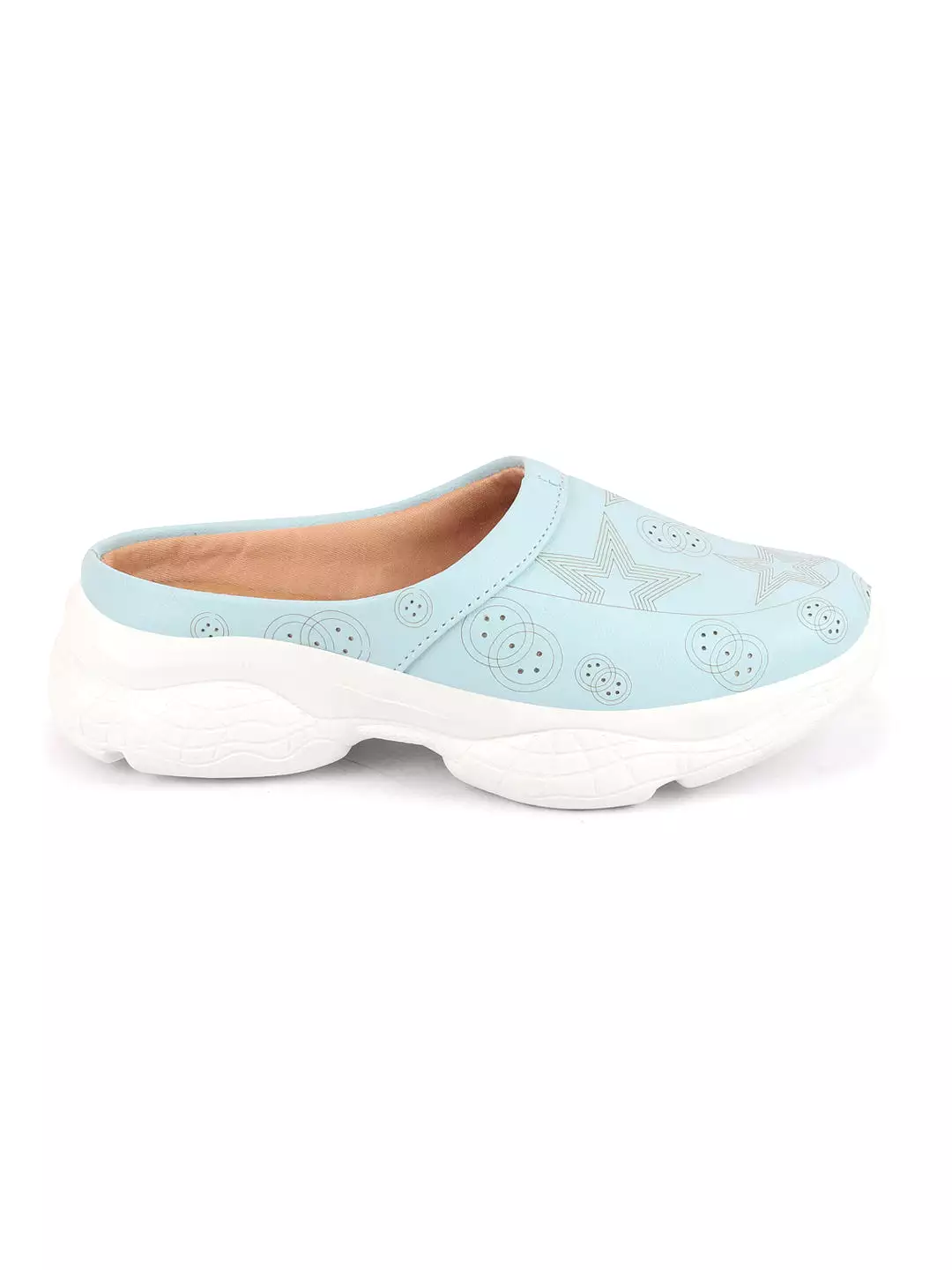 Women Sky Blue Laser Cut Star Design Back Open Slip-On Mules Shoes