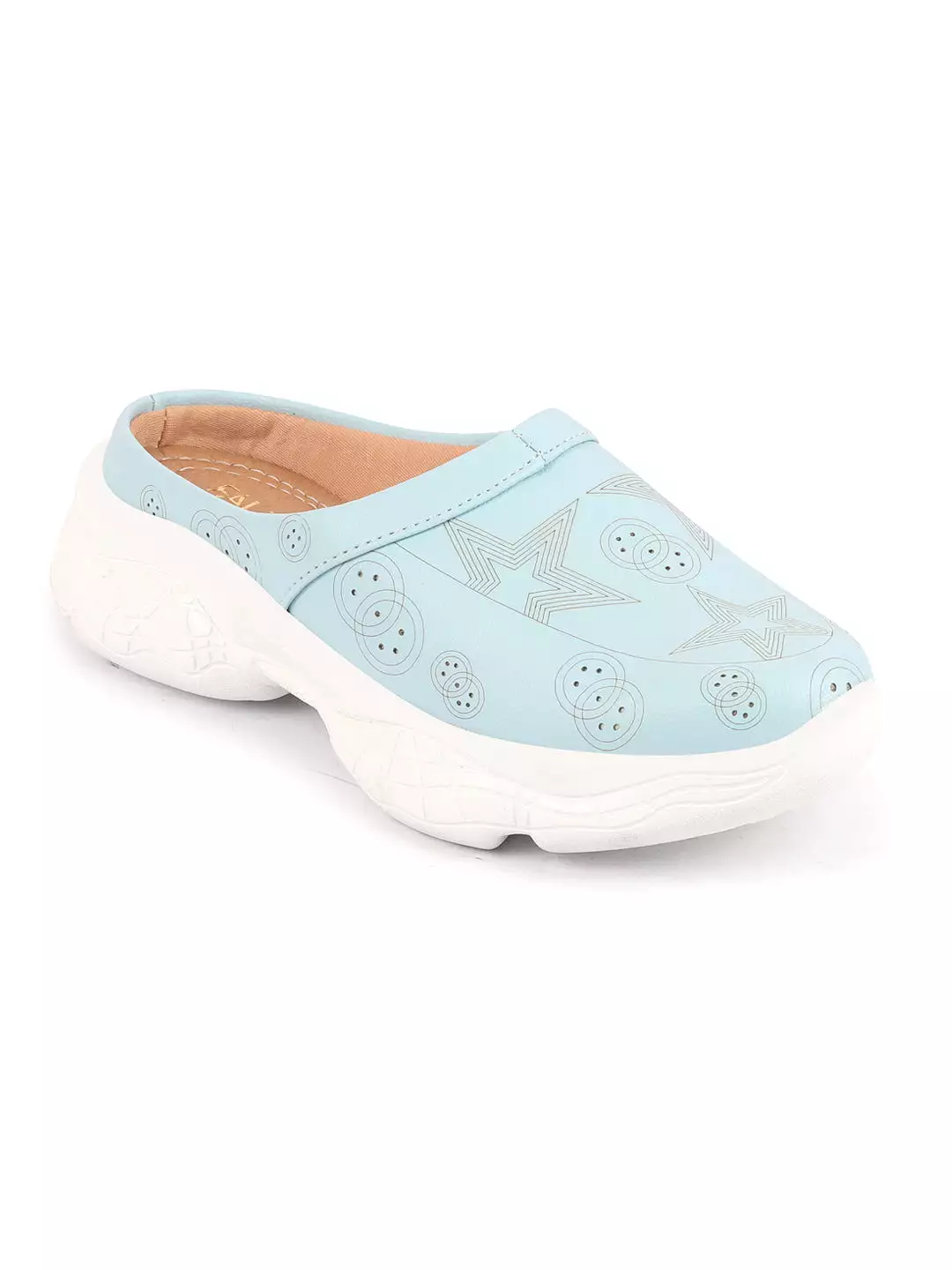 Women Sky Blue Laser Cut Star Design Back Open Slip-On Mules Shoes