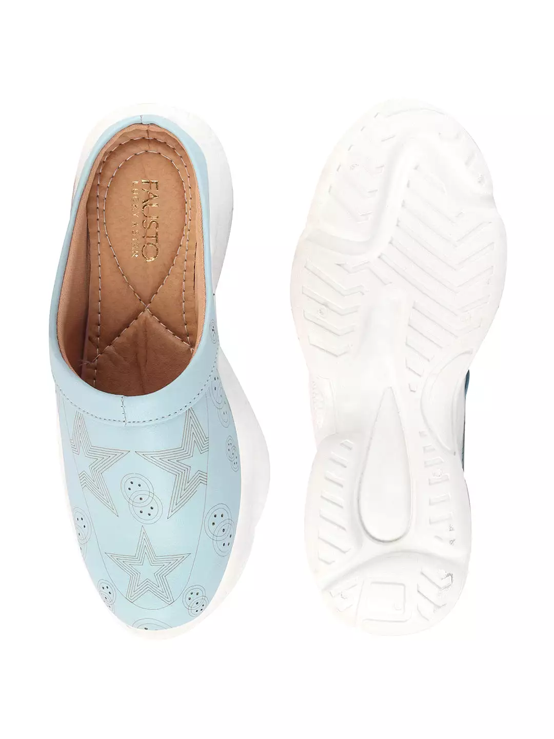 Women Sky Blue Laser Cut Star Design Back Open Slip-On Mules Shoes