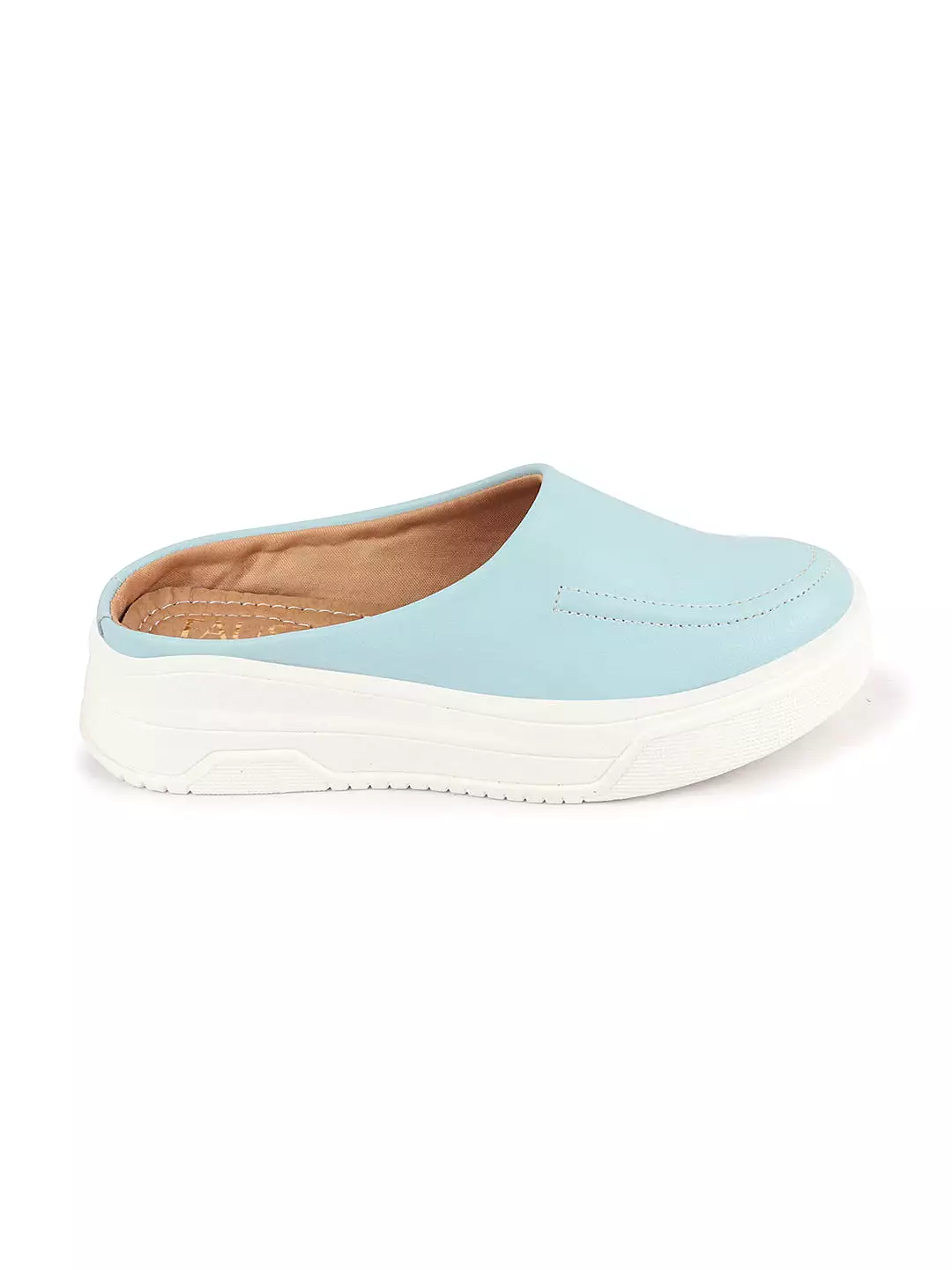 Women Sky Blue Outdoor Fashion Stitched Design Open Back Platform Heel Slip On Casual Shoes