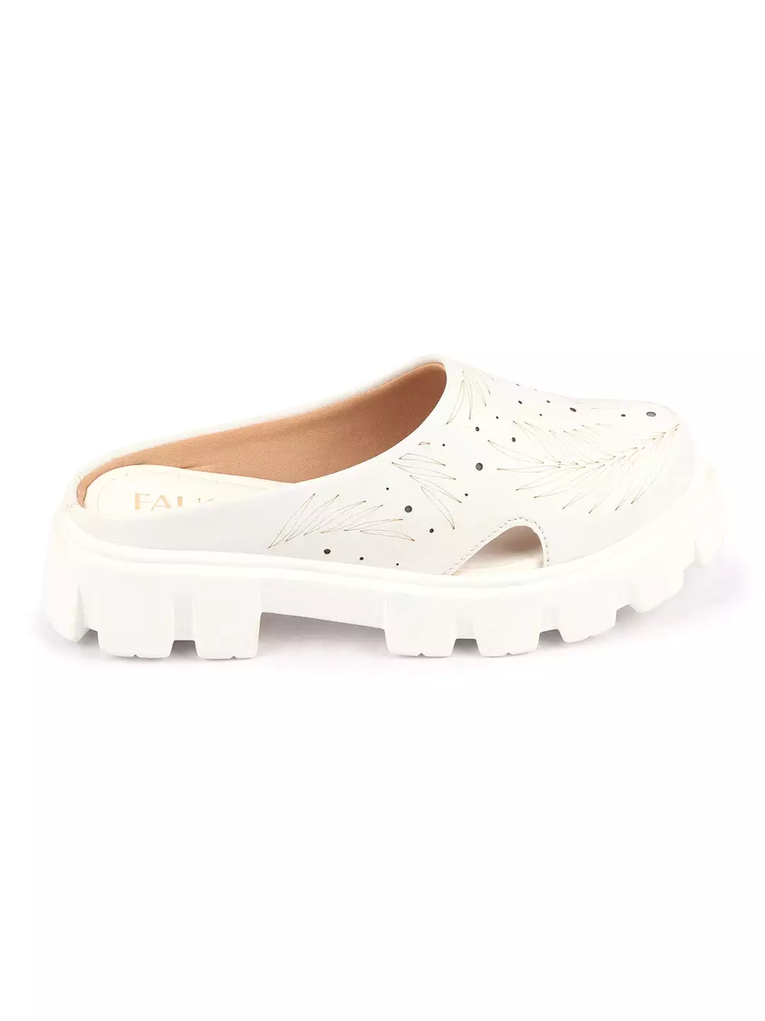 Women White Fashion Outdoor Leaf Print Laser Cut Design Open Back Slip On Casual Shoes