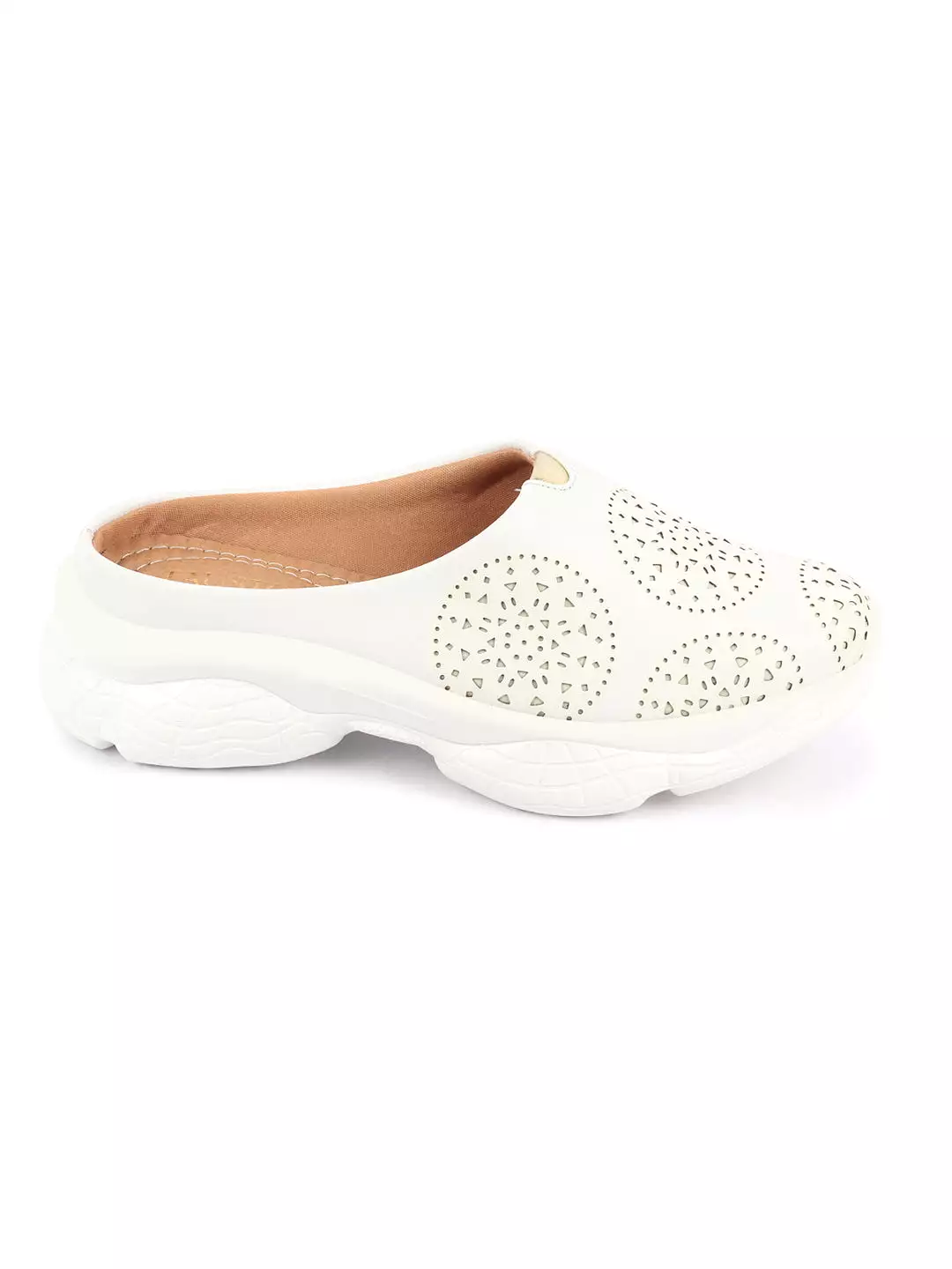 Women White Laser Cut Design Back Open Slip On Mules Shoes