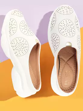 Women White Laser Cut Design Back Open Slip On Mules Shoes