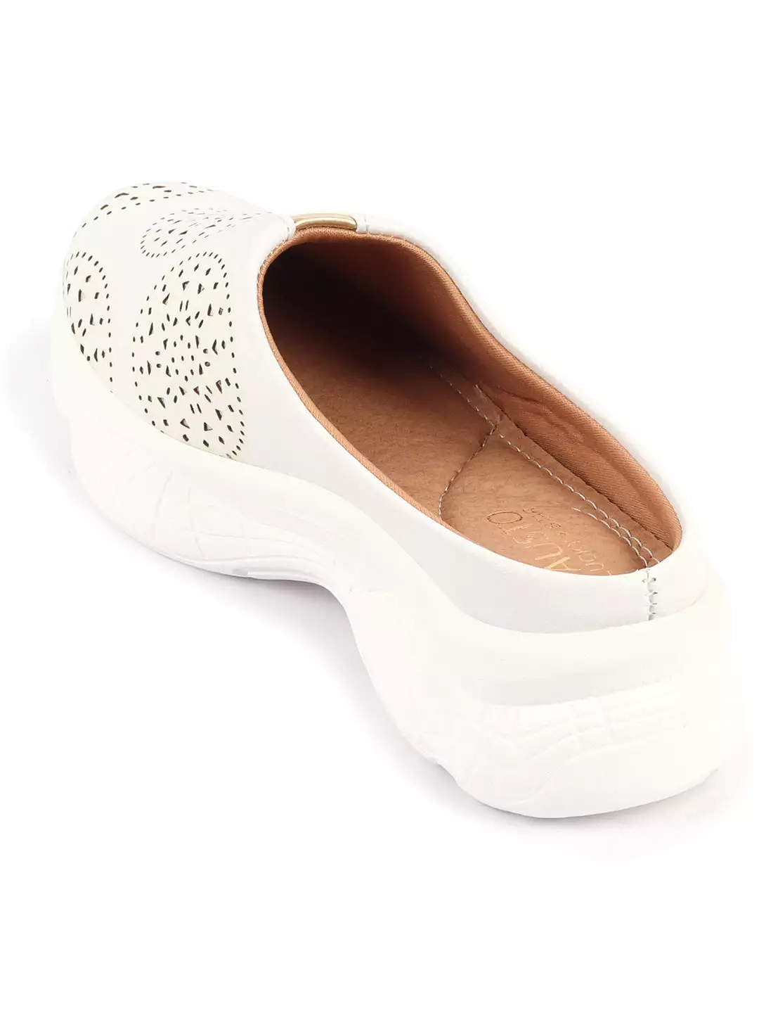 Women White Laser Cut Design Back Open Slip On Mules Shoes