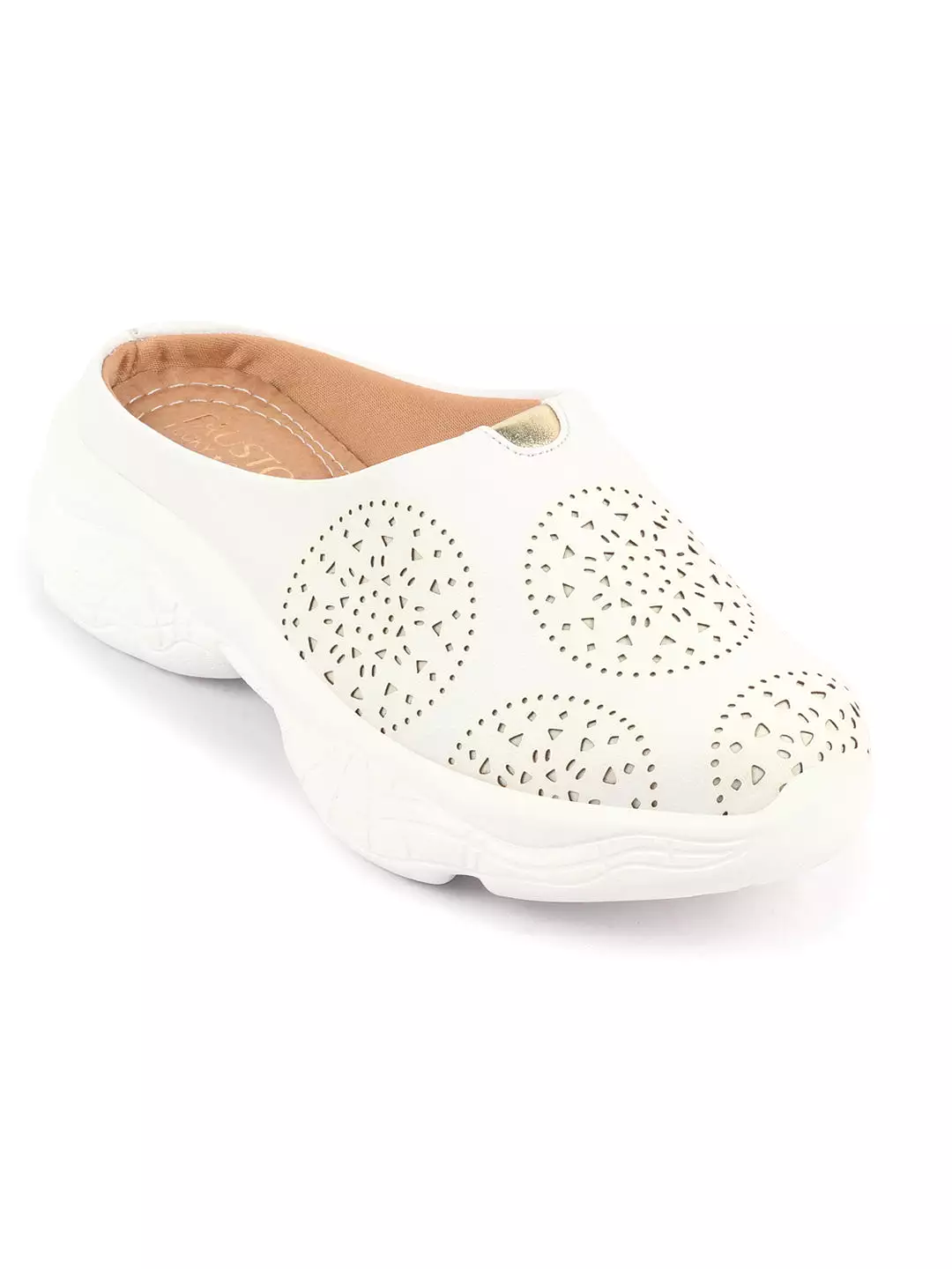 Women White Laser Cut Design Back Open Slip On Mules Shoes