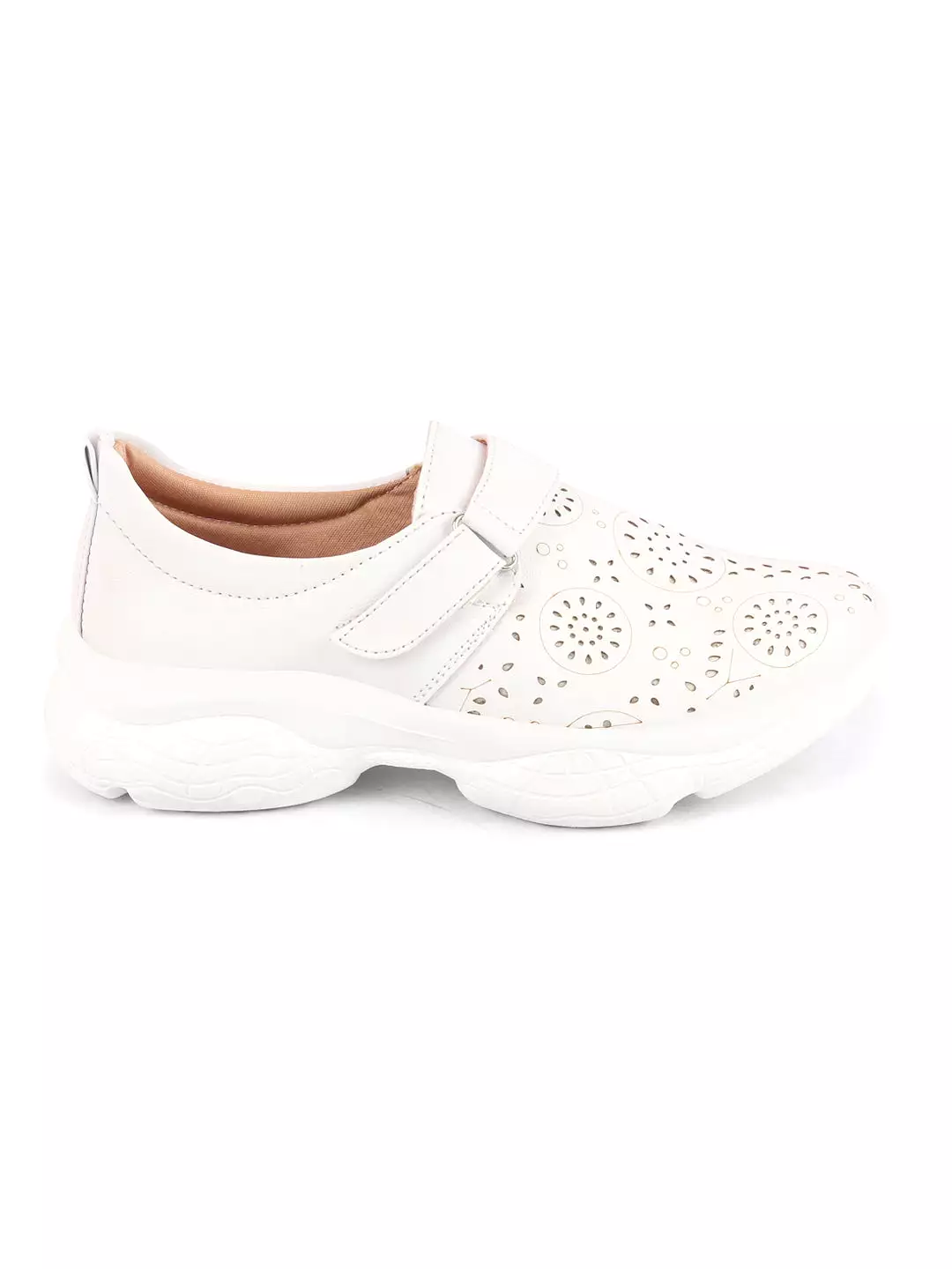 Women White Laser Cut Design Stitched Back Open Hook & Loop Buckle Mules Shoes