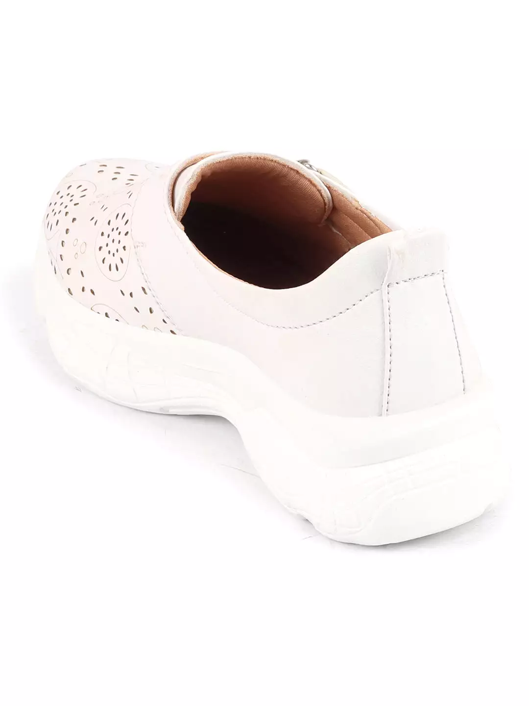 Women White Laser Cut Design Stitched Back Open Hook & Loop Buckle Mules Shoes