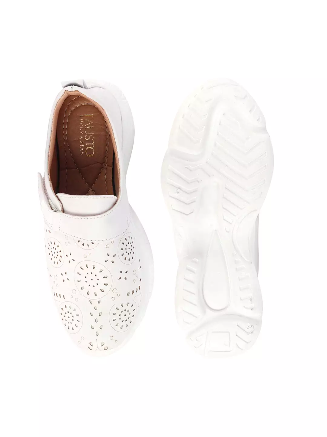 Women White Laser Cut Design Stitched Back Open Hook & Loop Buckle Mules Shoes