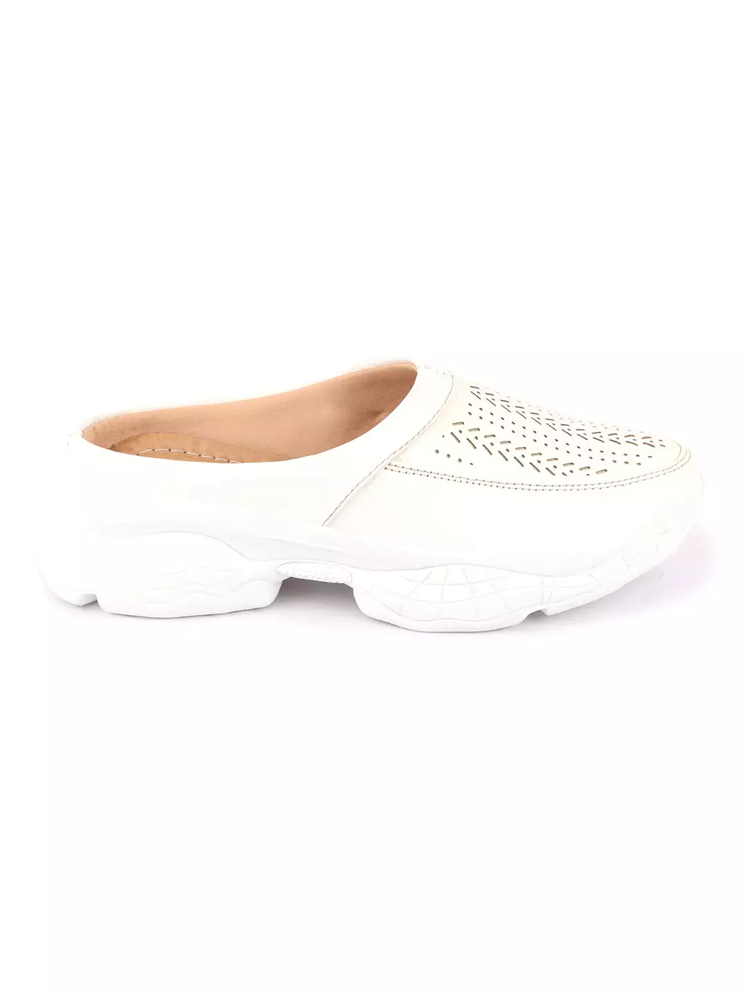 Women White Laser Cut Design Stitched Back Open Slip On Mules Shoes