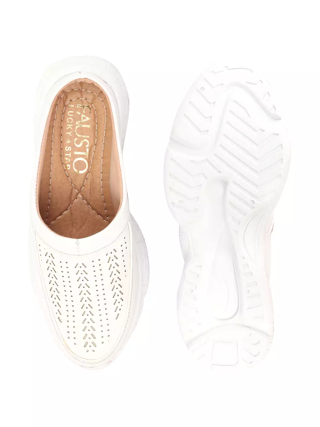 Women White Laser Cut Design Stitched Back Open Slip On Mules Shoes