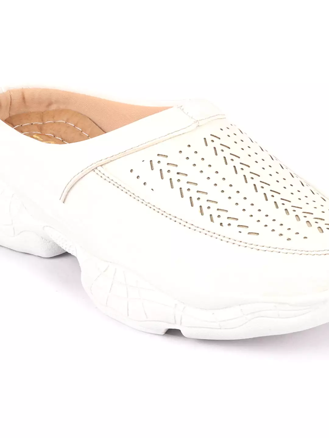 Women White Laser Cut Design Stitched Back Open Slip On Mules Shoes