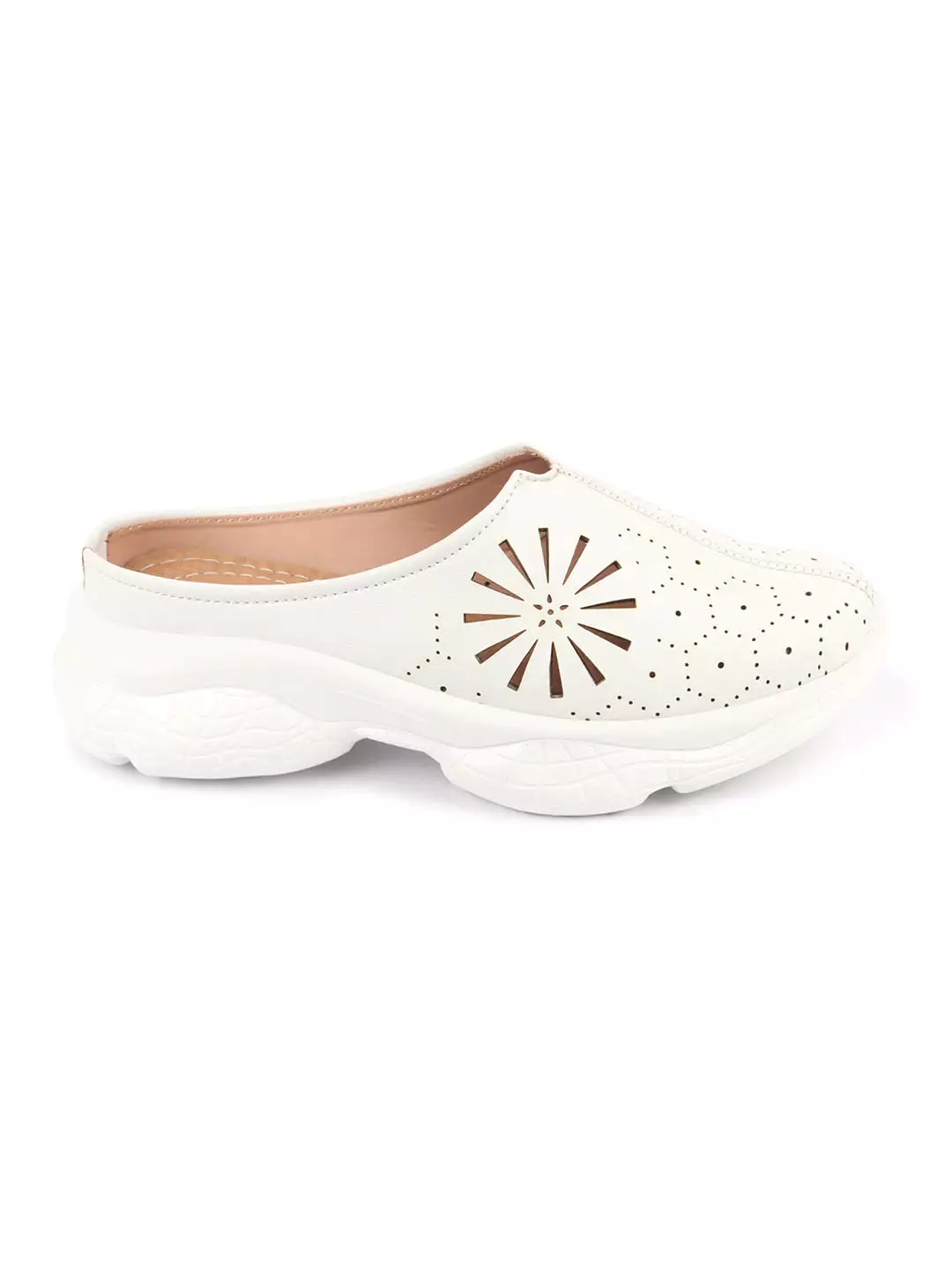 Women White Laser Cut Design Stitched Breathable Back Open Slip On Mules Shoes