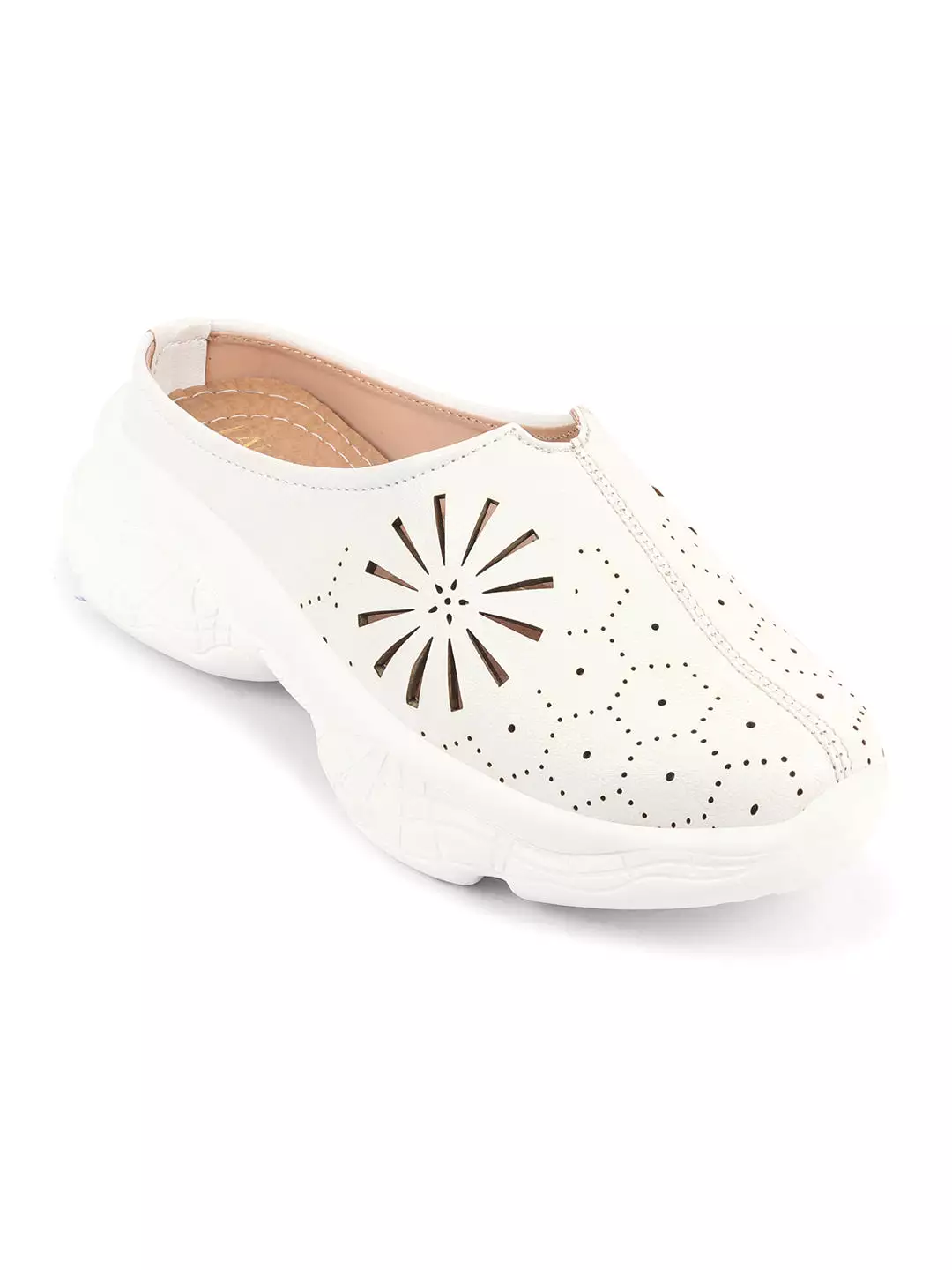 Women White Laser Cut Design Stitched Breathable Back Open Slip On Mules Shoes