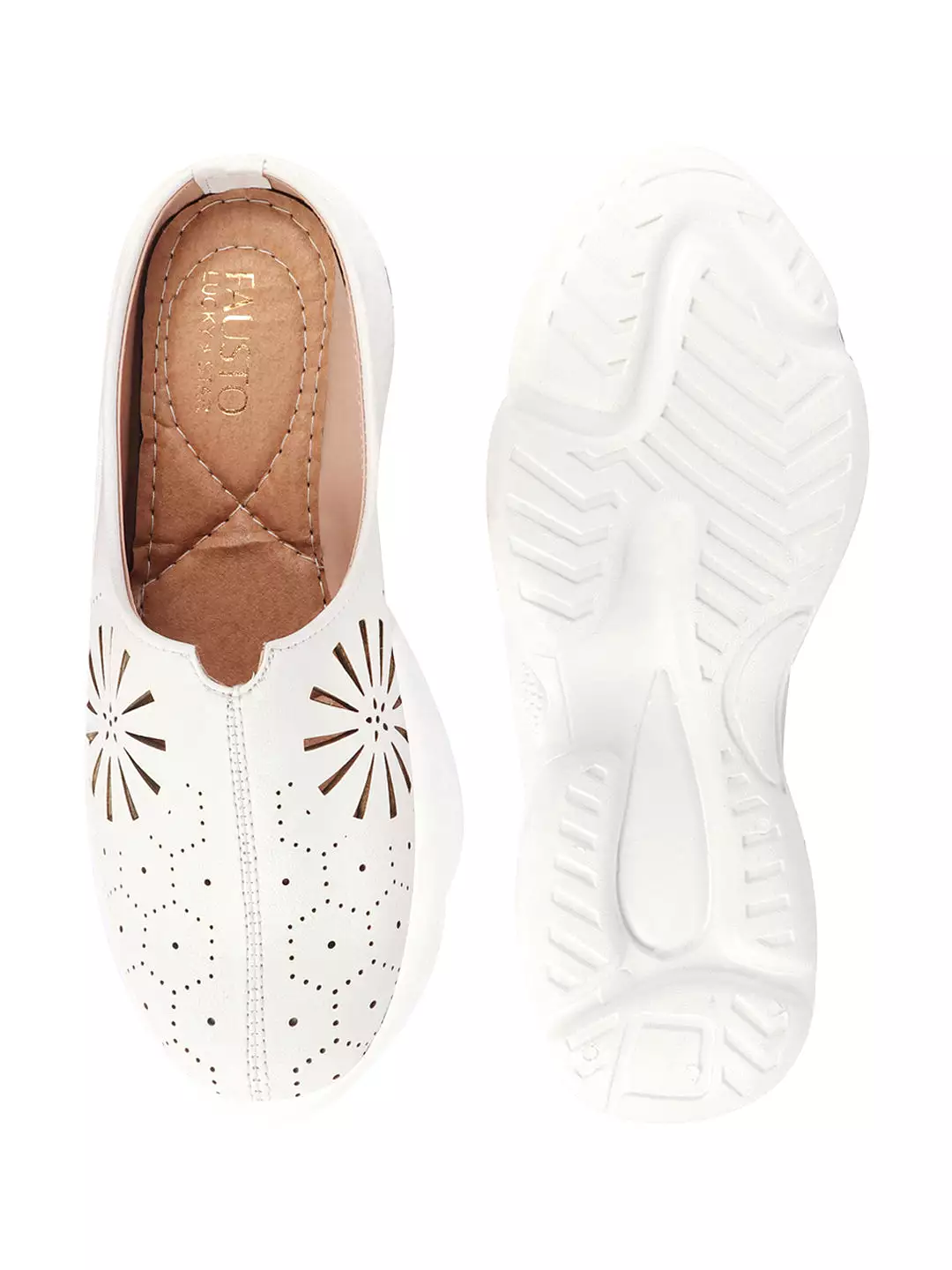 Women White Laser Cut Design Stitched Breathable Back Open Slip On Mules Shoes