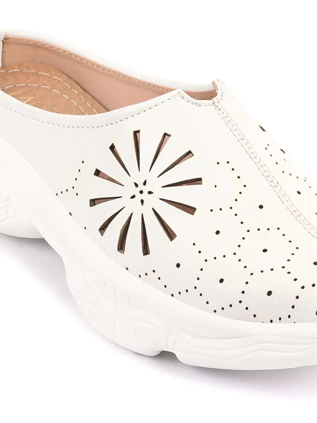 Women White Laser Cut Design Stitched Breathable Back Open Slip On Mules Shoes