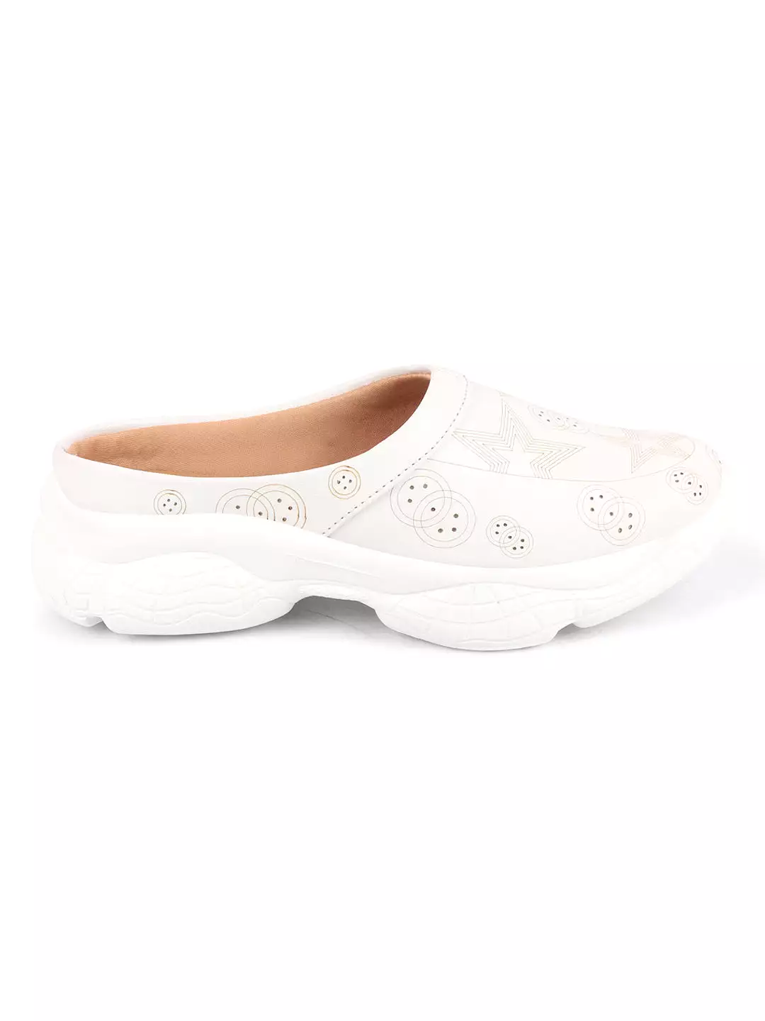 Women White Laser Cut Star Design Back Open Slip-On Mules Shoes