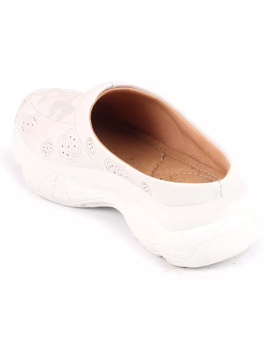 Women White Laser Cut Star Design Back Open Slip-On Mules Shoes