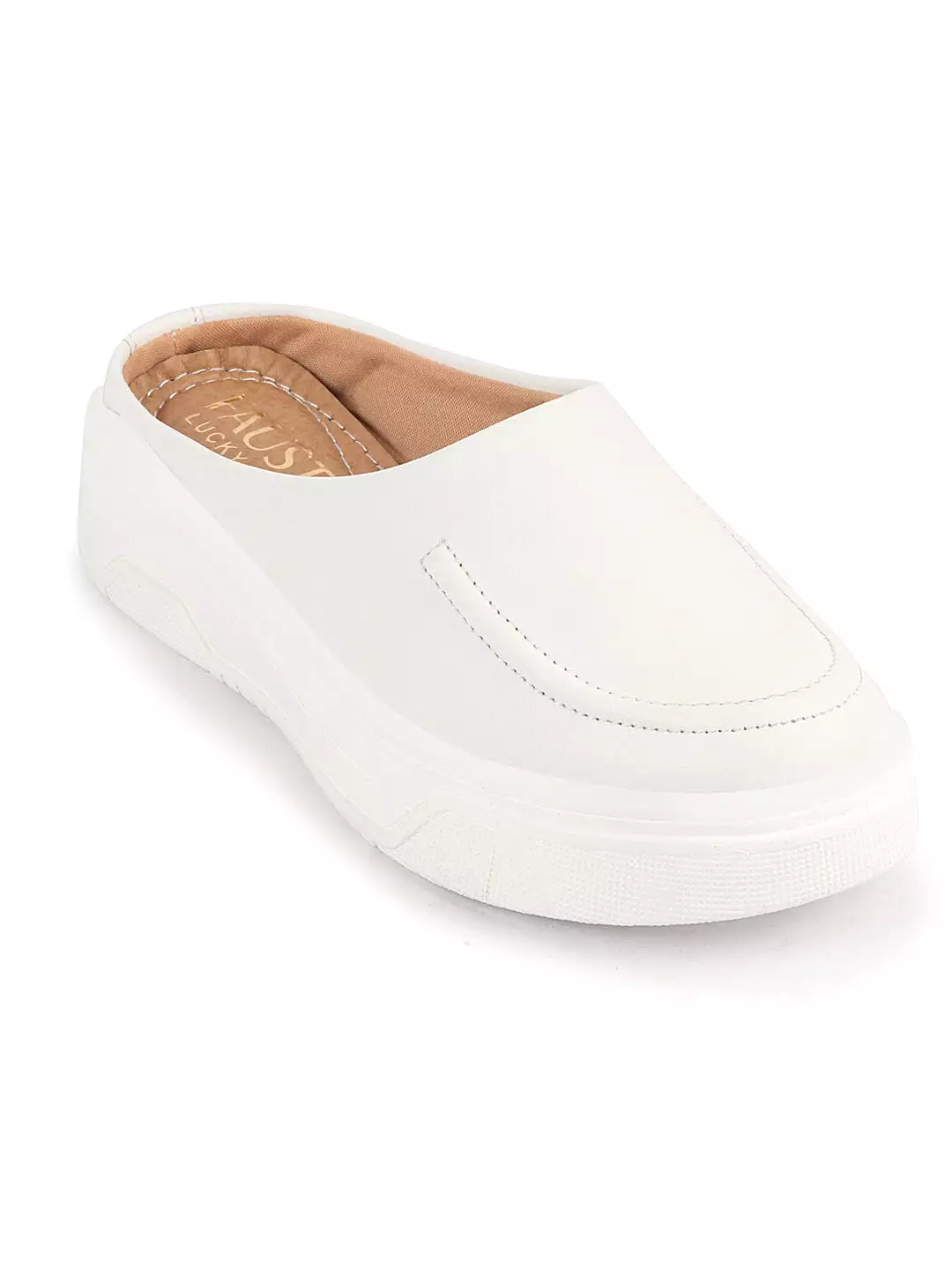 Women White Outdoor Fashion Stitched Design Open Back Platform Heel Slip On Casual Shoes